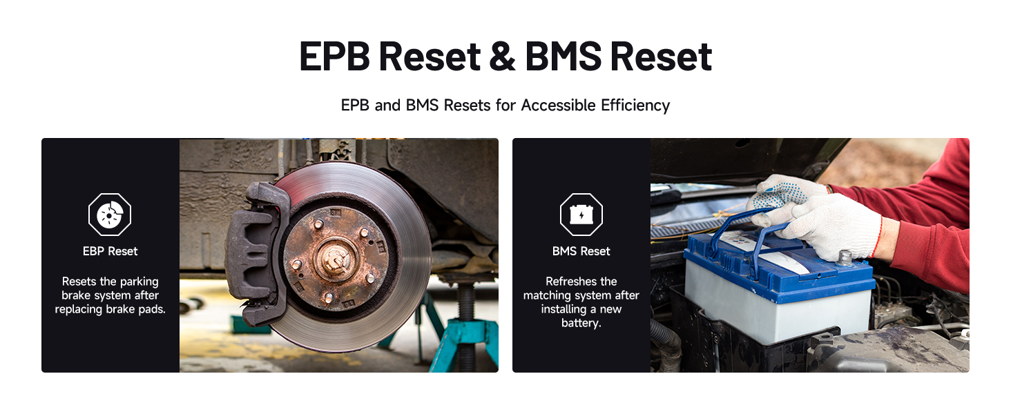 Split image showing car brake service: left panel displays brake disc maintenance, right panel shows battery service with gloved hands.