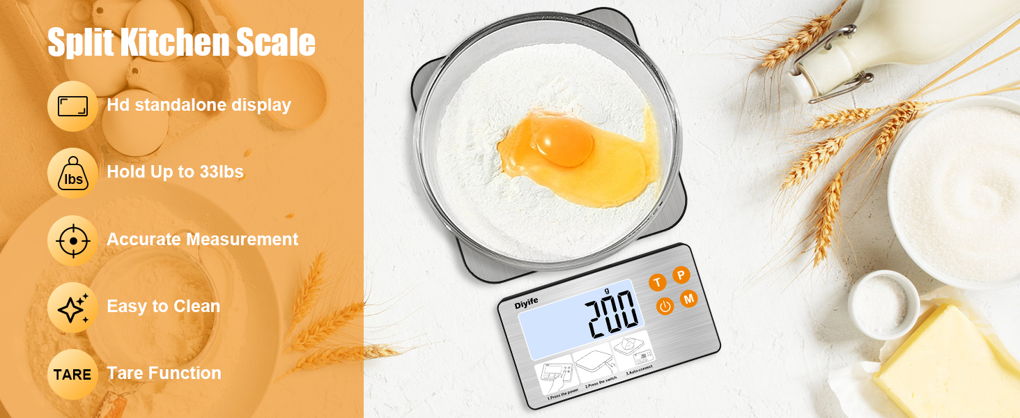 Digital Kitchen Scale, [15kg/1g] [Separate Display] Diyife