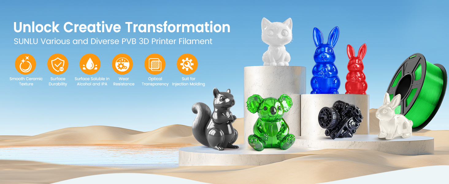 Collection de petites figurines d'animaux décoratifs de différentes couleurs, dont le blanc, le bleu, le noir et le vert, présentées avec des icônes de transformation créative ci-dessus.
