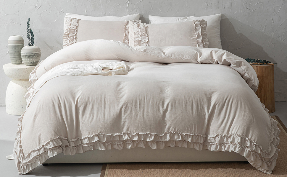 Move Over Beige Comforter Set King Size Vintage Ruffled Bedding Comforter Set French