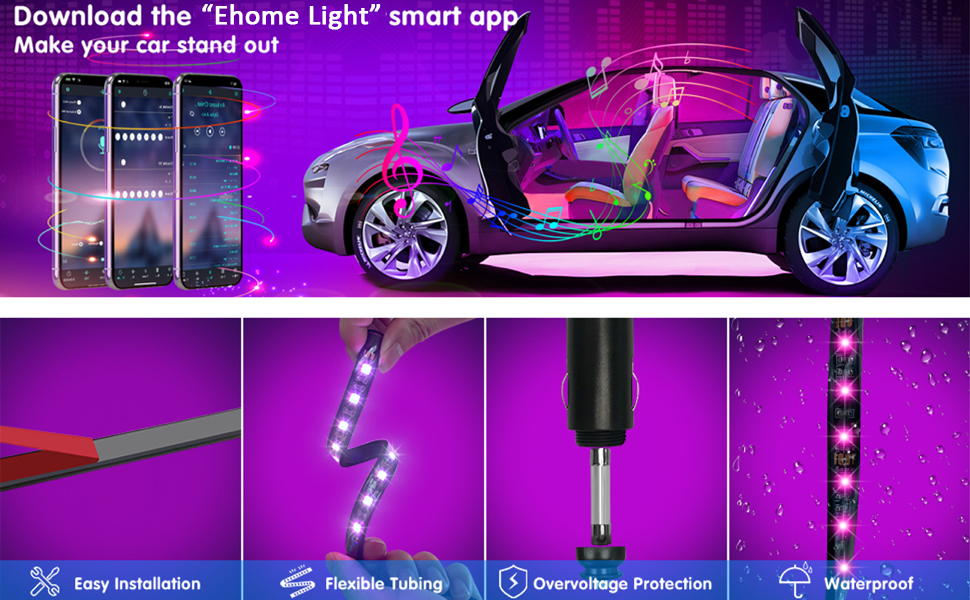 Car LED Strip Lights Kit, Auto Interior Ambient RGB LED Strip