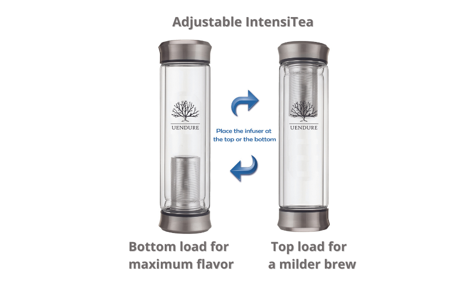 demonstration of how the tea infuser mug can be top or bottom loaded to adjust brew strength