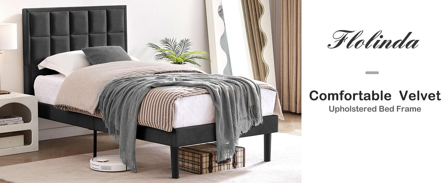 Flolinda Twin Bed Frames Velvet Upholstered Twin Platform