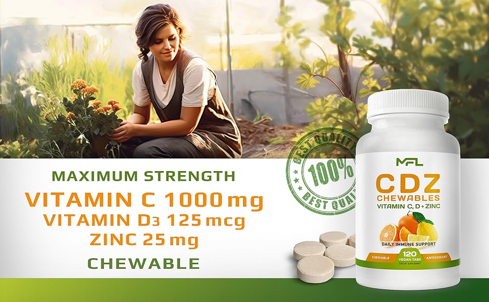 MUSCLE FOOD LABS C D Z CHEWABLES Vitamin C, 1000mg Vitamin D3, Zinc, NonGMO