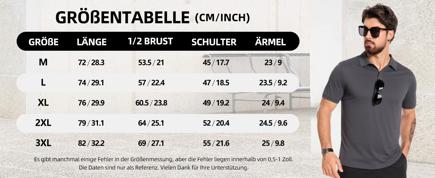 Der Text lautet „GRÖSSENTABELLE (CM/INCH)“ und zeigt die Größentabelle mit den Maßen M, L, XL, 2XL, 3XL einschließlich Brust-, Schulter- und Armmaßen.