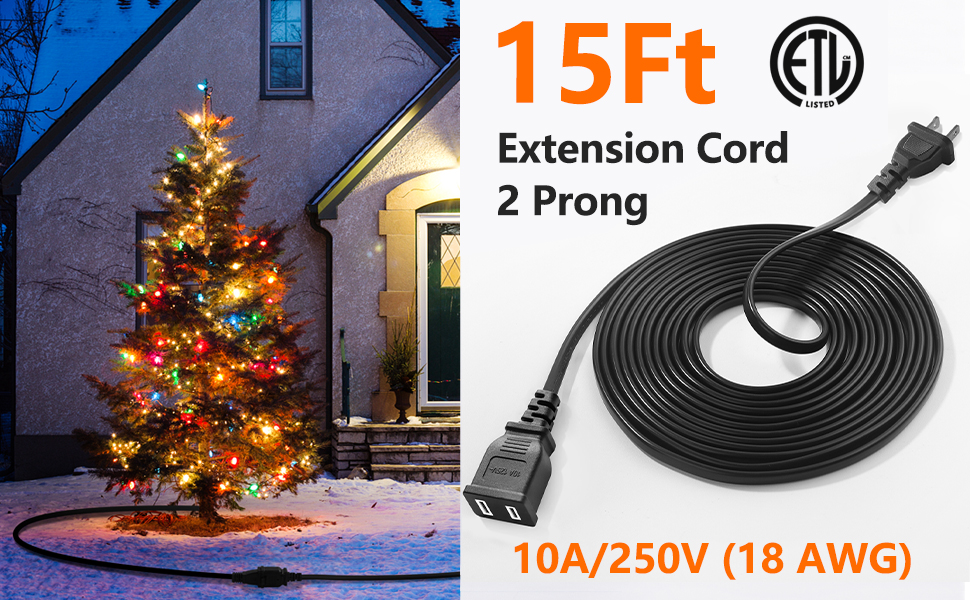 2 Prong Extension Cord 15 ft,USA Polarized Two Prong AC