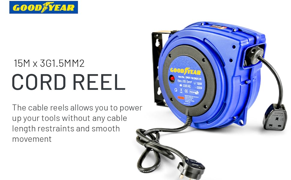 Text reads 'GOODYEAR 15M x 3G1.5MM2 CORD REEL' and 'This cable reel allows you to power up your tools without any cable tangles from twists and awkward movement'. Blue retractable cord reel mounted device shown.