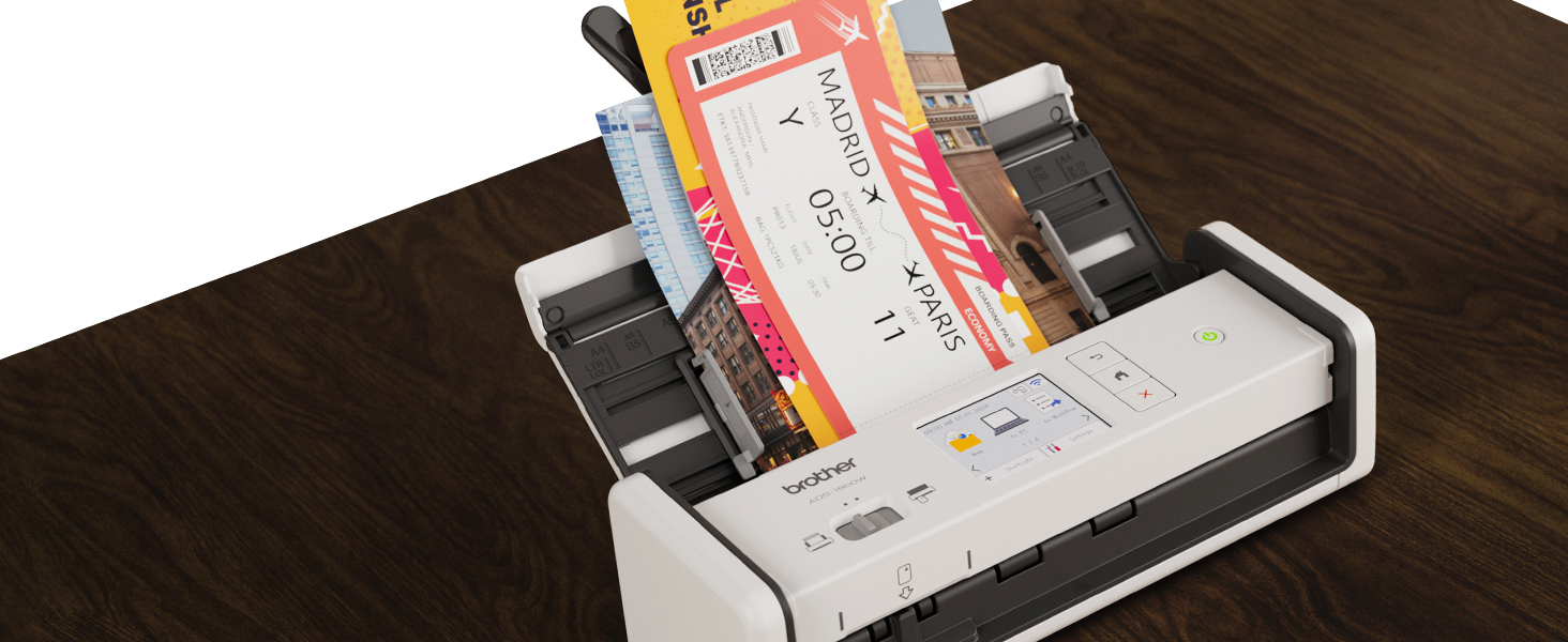 Brother ADS1800W Compact Scanner with travel documents of different sizes in auto document feeder