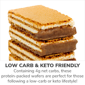 Low carb & keto friendly. Containing 4g net carbs, protein-packed wafers low-carb lifestyle