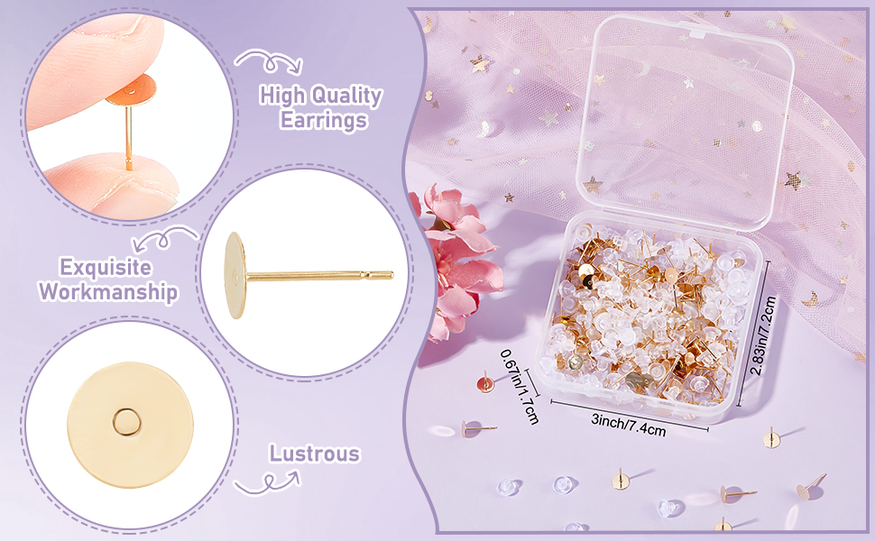 Earring components displayed: stud post, flat disc back, and finished stud earring. Box with small gold star-shaped elements shown alongside.