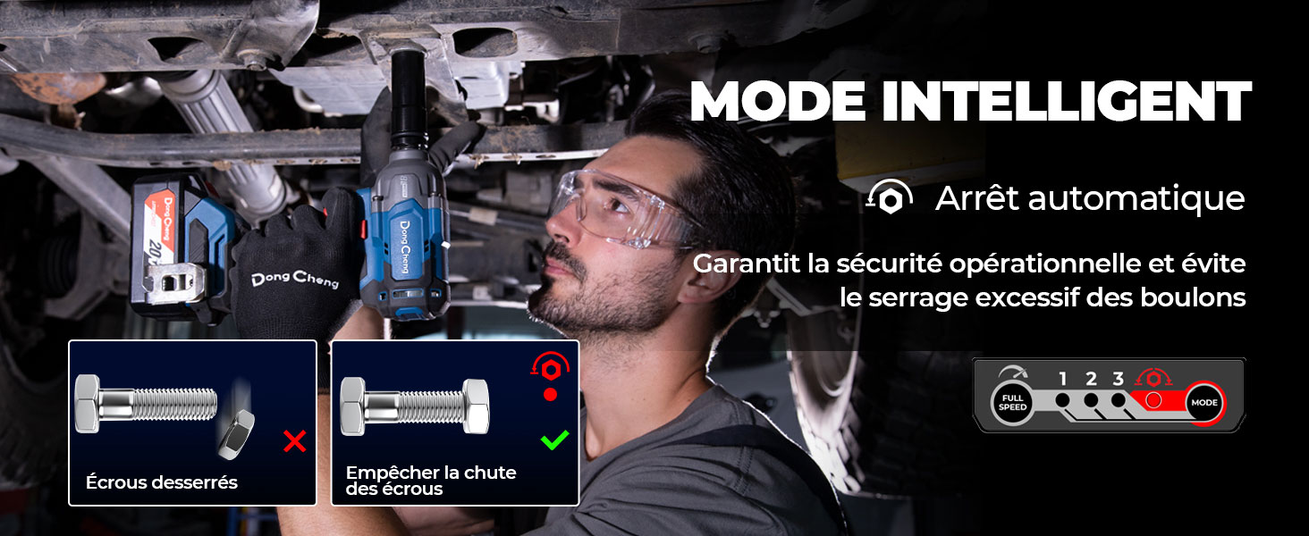 Le texte indique « MODE INTELLIGENT » et « Arrêt automatique ». Affichage de l'interface numérique indiquant le mode de perçage intelligent avec fonction d'arrêt automatique indiquée par des icônes.