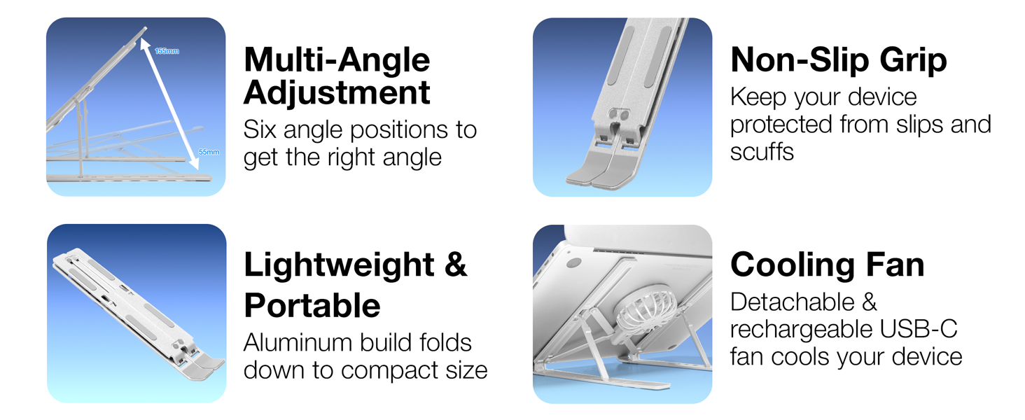 Features multiple-angle adjustment, lightweight and portable, non-slip grip, cooling fan