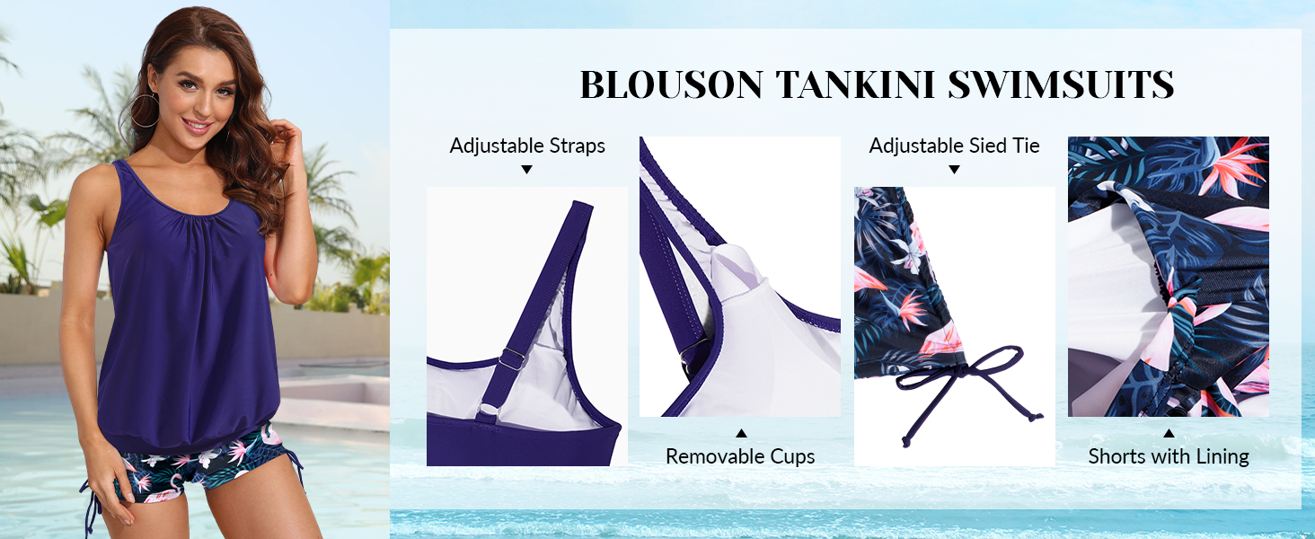 blouson tankini two piece tummy control swimsuit bathing suit with shorts