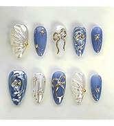 24Pcs Almond Press on Nails Medium Length 3D Bow Fake Nails With Pearl Gold Beads Diamond Stick o...