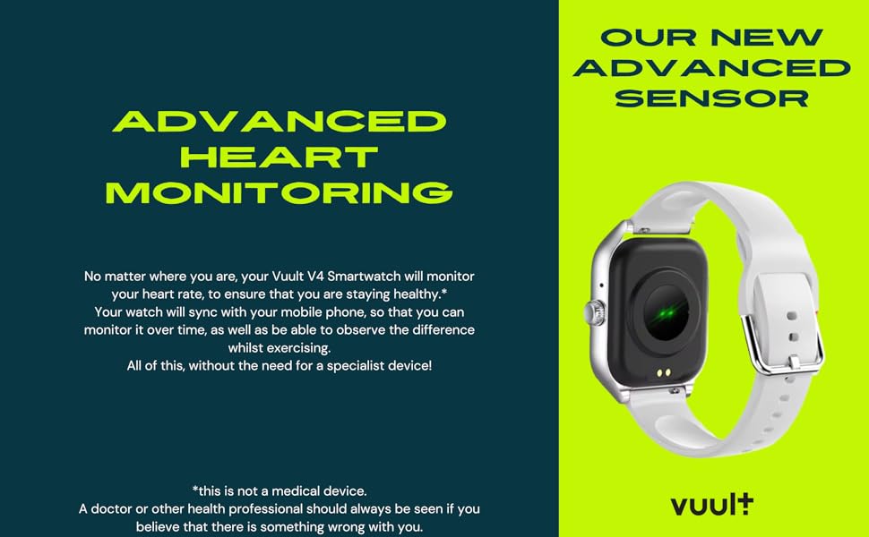 White smartwatch with square display showing green heart icon. Features advanced heart monitoring. Text highlights new sensor technology and continuous health tracking capabilities.