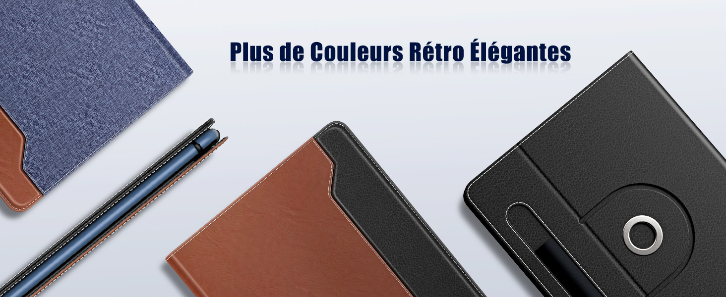 Collection d'accessoires de style rétro comprenant des portefeuilles et des carnets de notes en bleu, marron et noir, avec en-tête de texte