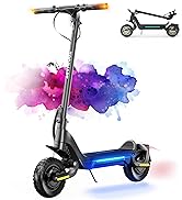 Fotografías de productos de patinetes eléctricos sobre un fondo de estilo acuarela, que muestran el vehículo desde varios ángulos con efectos de degradado azul y morado.