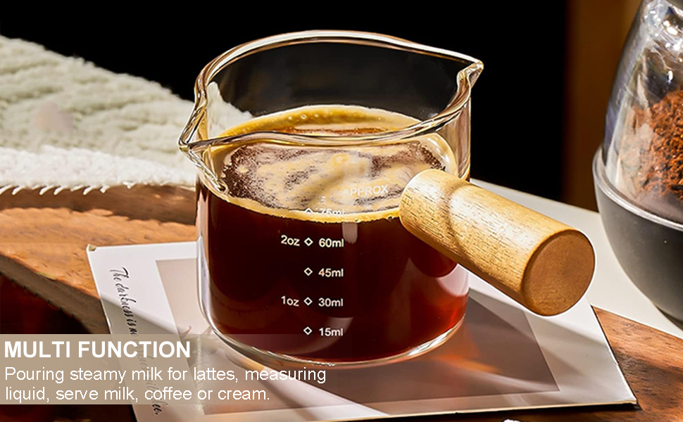 Espresso Measuring Cups Double Spouts 2.5oz Espresso Shot Glass Wooden Handle