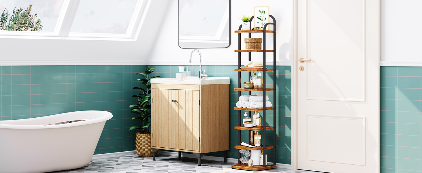 Modern bathroom interior featuring white freestanding bathtub, wooden storage unit, and decorative ladder-style towel rack against teal walls.