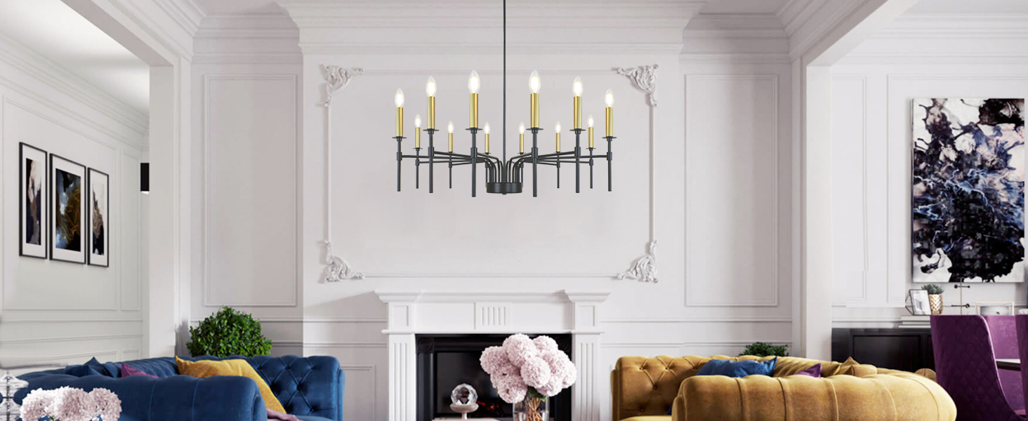 LynPon 12Light Black Gold Chandelier, 37" Modern Farmhouse Chandelier