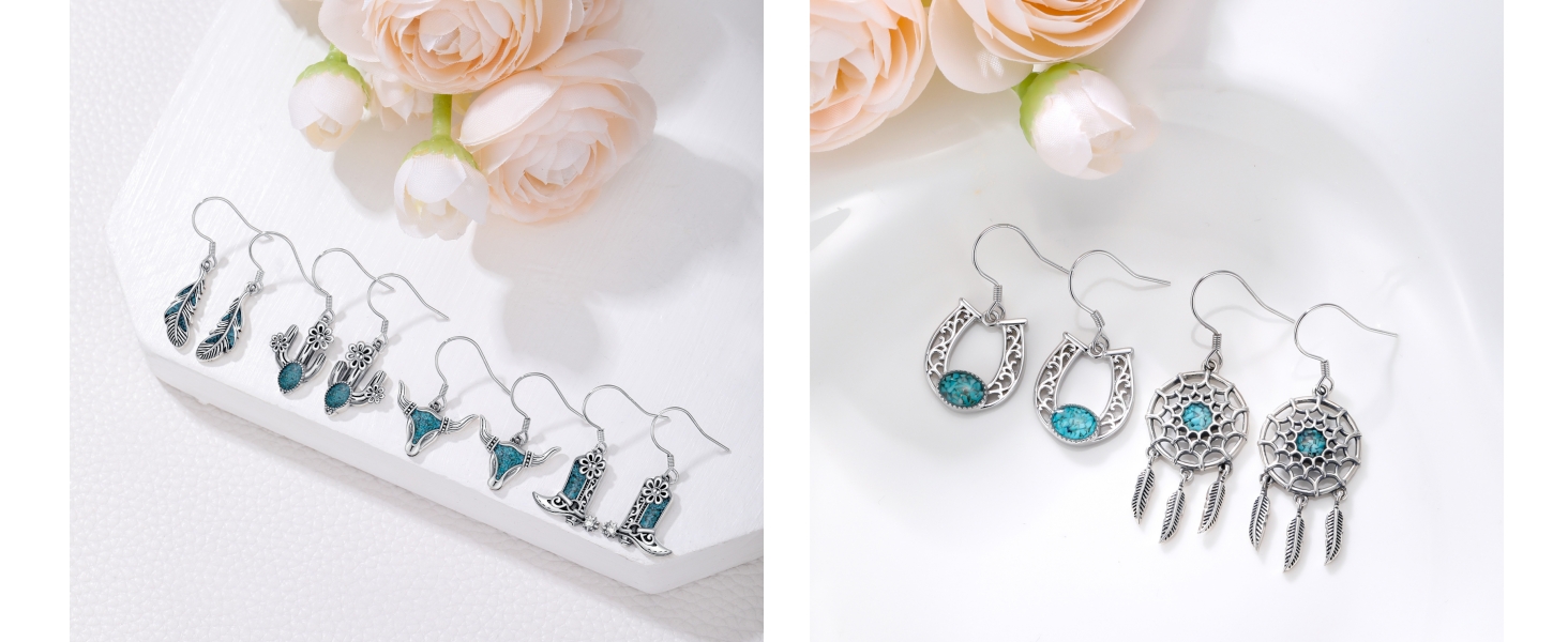 925 Sterling Silver Turquoise Western Dangle Drop Earrings Country Jewelry Gifts for Cowgirl Cowboy