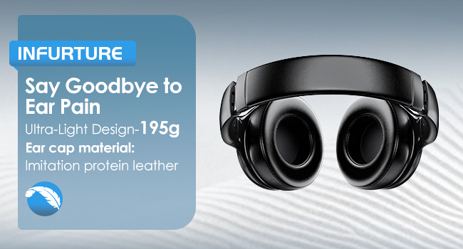 Black over-ear headphones with padded ear cups and headband, labeled as 'Infurture' with 195g weight specification, designed for ear pain relief.