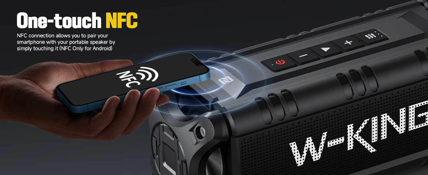 Black electronic device with NFC functionality demonstration, showing one-touch wireless connectivity feature with illuminated control panel.