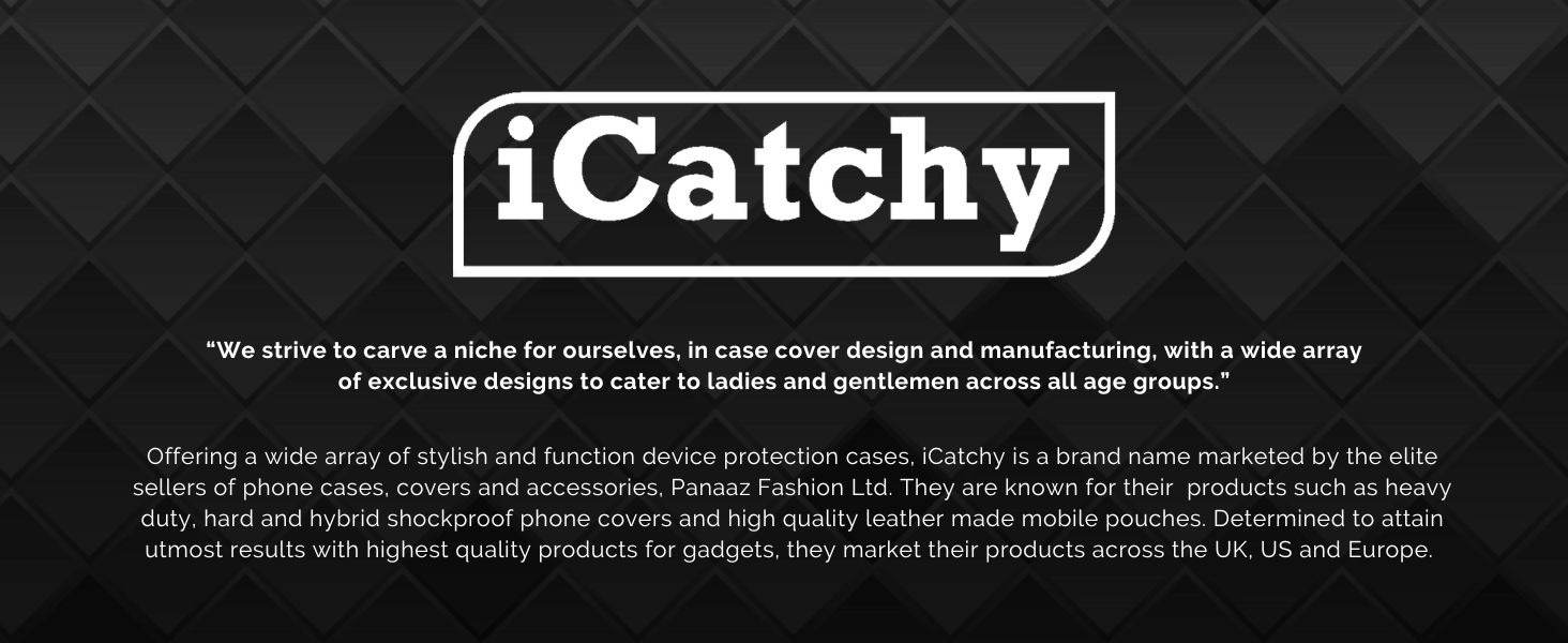 Black textured background with white text. Prominently displays 'iCatchy' logo. Includes two paragraphs of small text describing company mission and product range.
