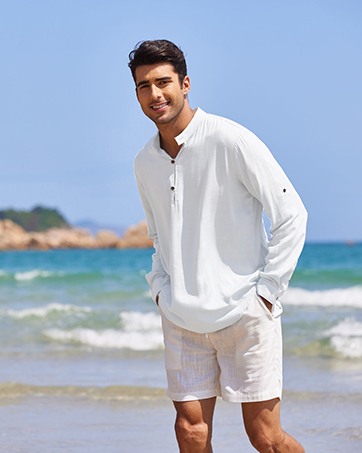 Mens Cotton Linen Henley Shirt