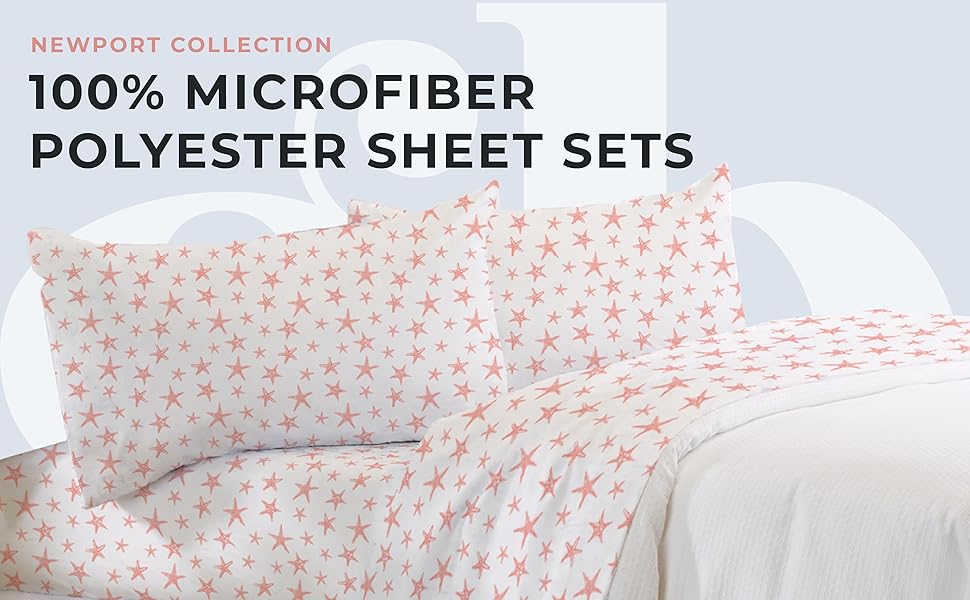 Printed Coastal Microfiber Bed Sheets. Wrinkle Free, Deep Pockets, Beach Theme Sheet