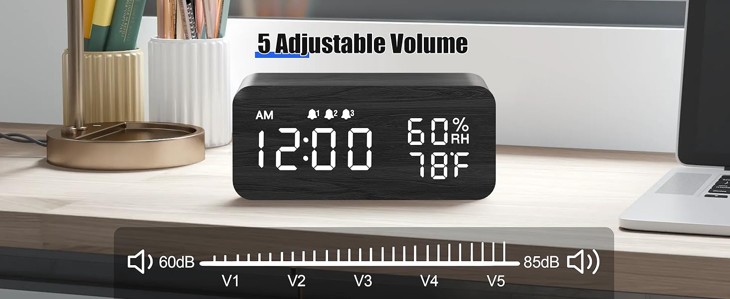 JALL Wooden Digital Alarm Clock with Wireless Charging, 3