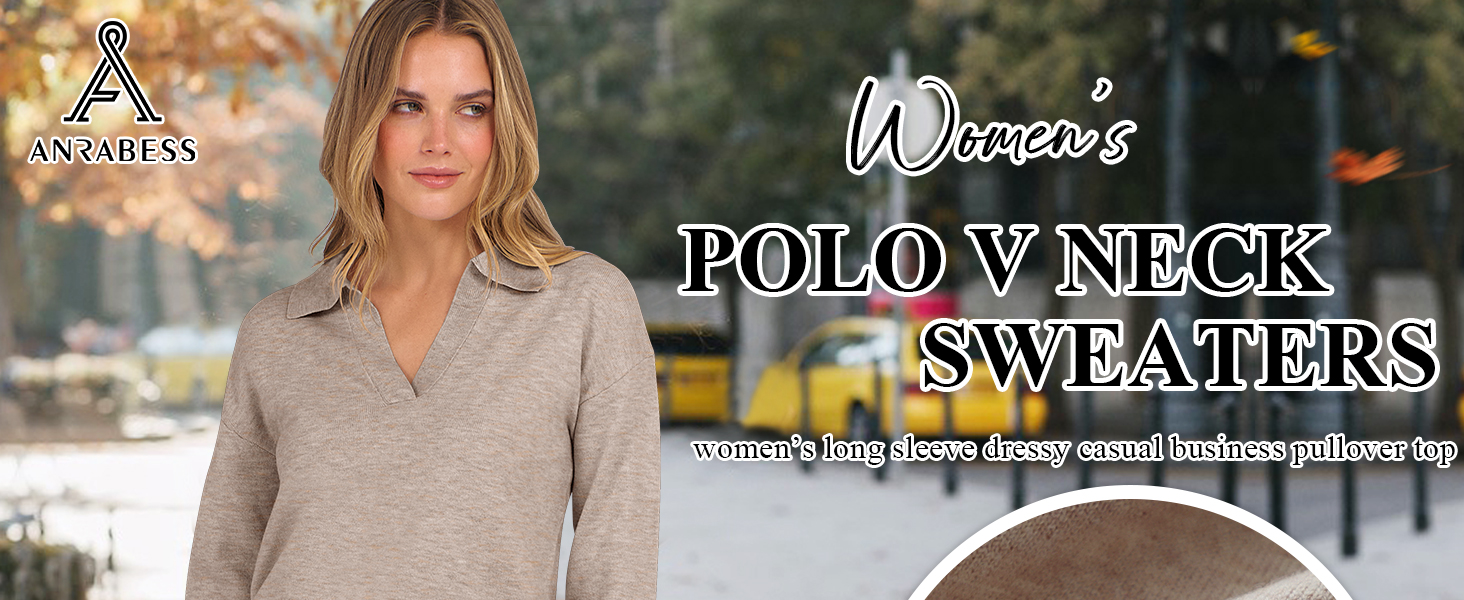 Womens Polo V Neck Long Sleeve Sweaters