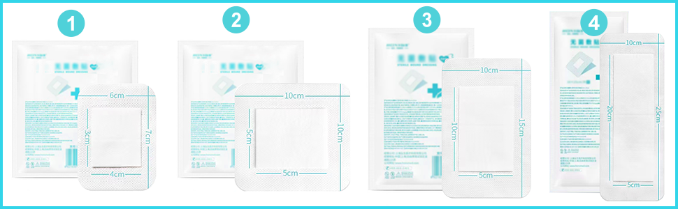 Four transparent packaging templates or sachets shown in sequence, numbered 1 to 4, with medical-style design elements and text fields.