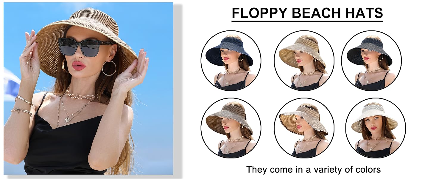womens beach straw sun hats ponytail hole wide brim summer visor foldable hat uv Protection 