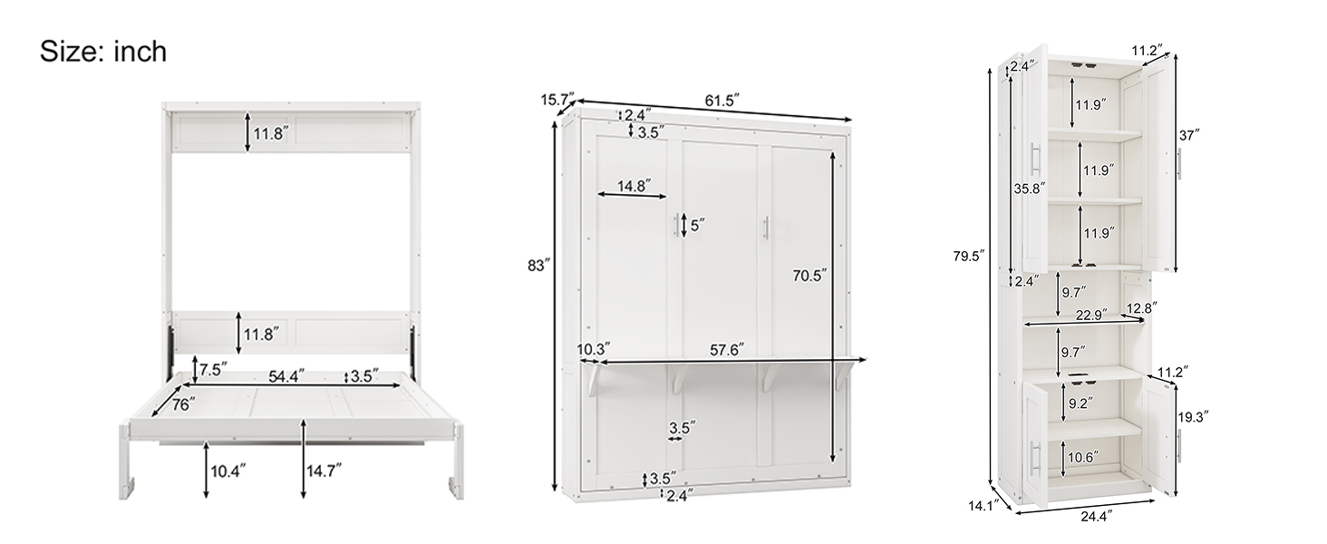 Full Size Murphy Bed Cabinet Folding Wall Bed with Desk Combo -White