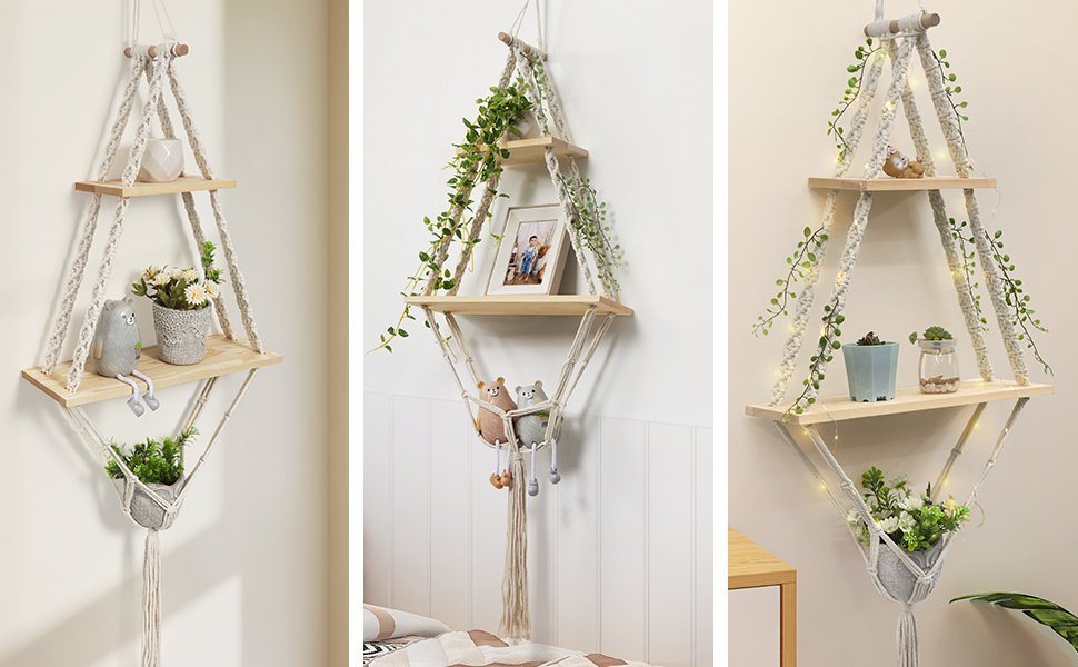 Afuly Macrame Floating Shelves 2 Tiers Hanging Shelf Natural Wood Wall