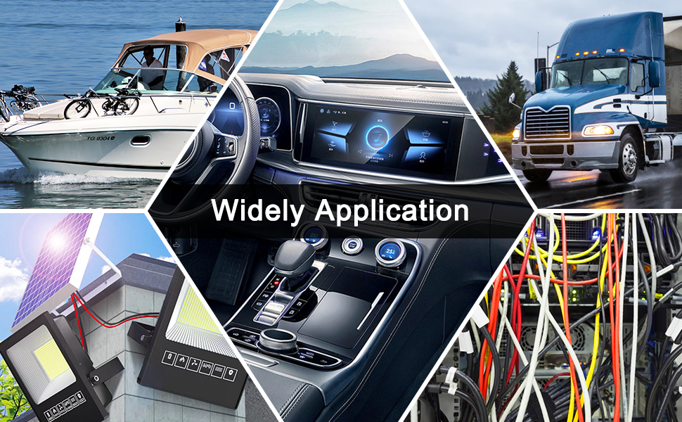 Collage showcasing various applications: boat, car dashboard, truck, building, and wiring. Center text reads 'Widely Application'.