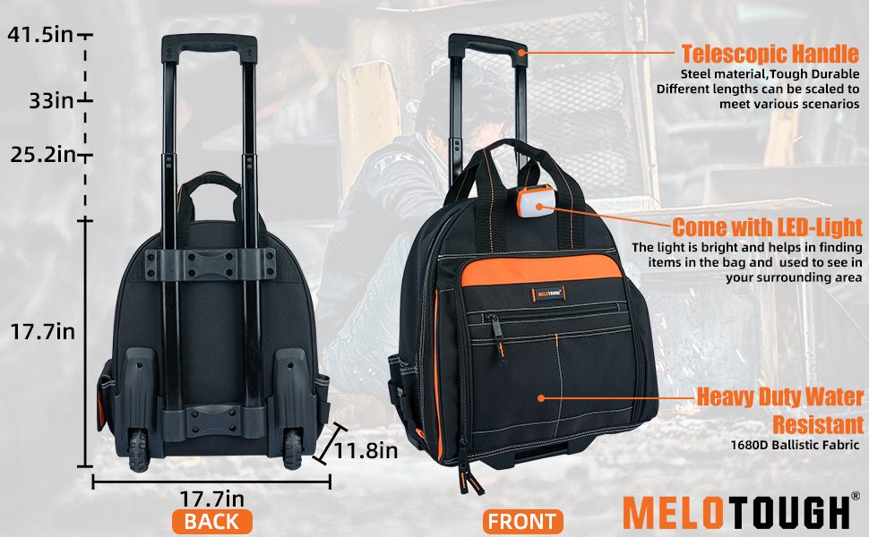 MELOTOUGH LEDLight Rolling Tool Backpack Heavy Duty,Rolling Tool Bag