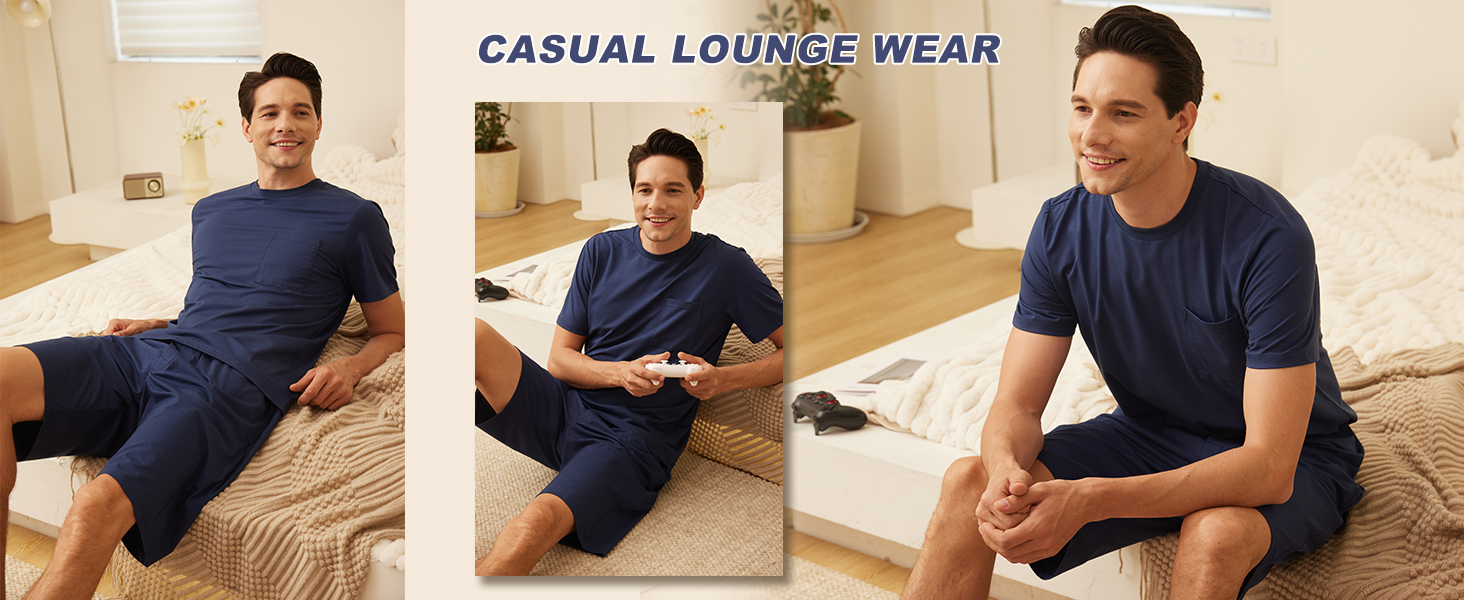 Men's Pajama Sets Lounge Sleep Sets Soft Sleepwear Men Short Sleeves and Shorts Pjs Set with Pocket