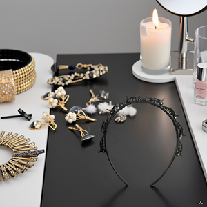 A stylish vanity table with various hair accessories and styling tools neatly arranged around the pr