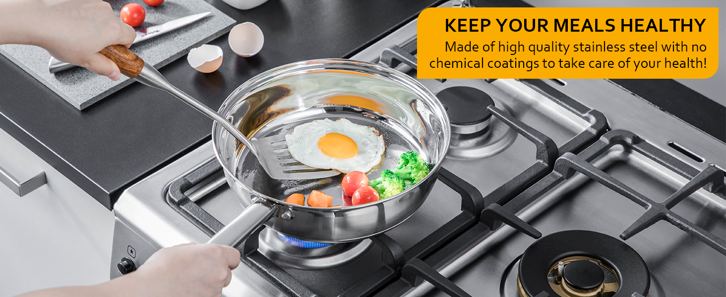 Stainless steel frying pan on gas stovetop cooking an egg with vegetables. Text banner about healthy meals visible above.