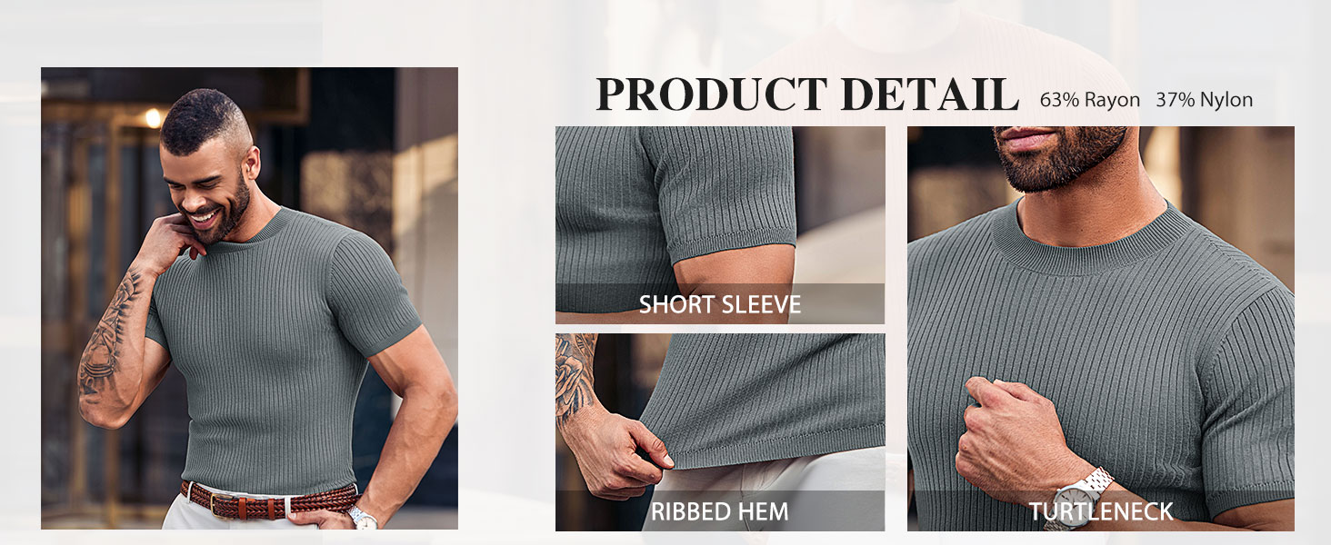 Mens Casual Slim Fit Basic Tops Short Sleeve Shirt Turtleneck T Shirts Rib Knitted Stretch Sweater