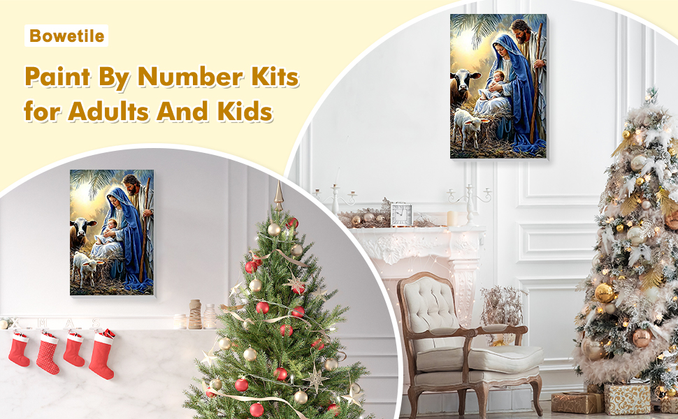 Bowetile Christmas Paint by Numbers Adult Kit with Frame, Nativity