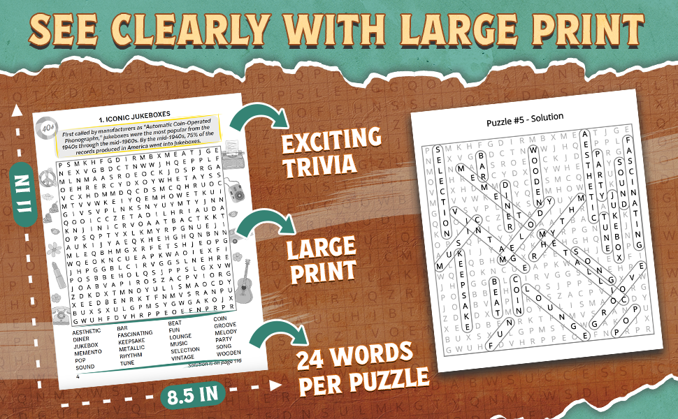 Sample puzzle/solution pages from fill in puzzle book nostalgic word search; baby boomer 2025 puzzle