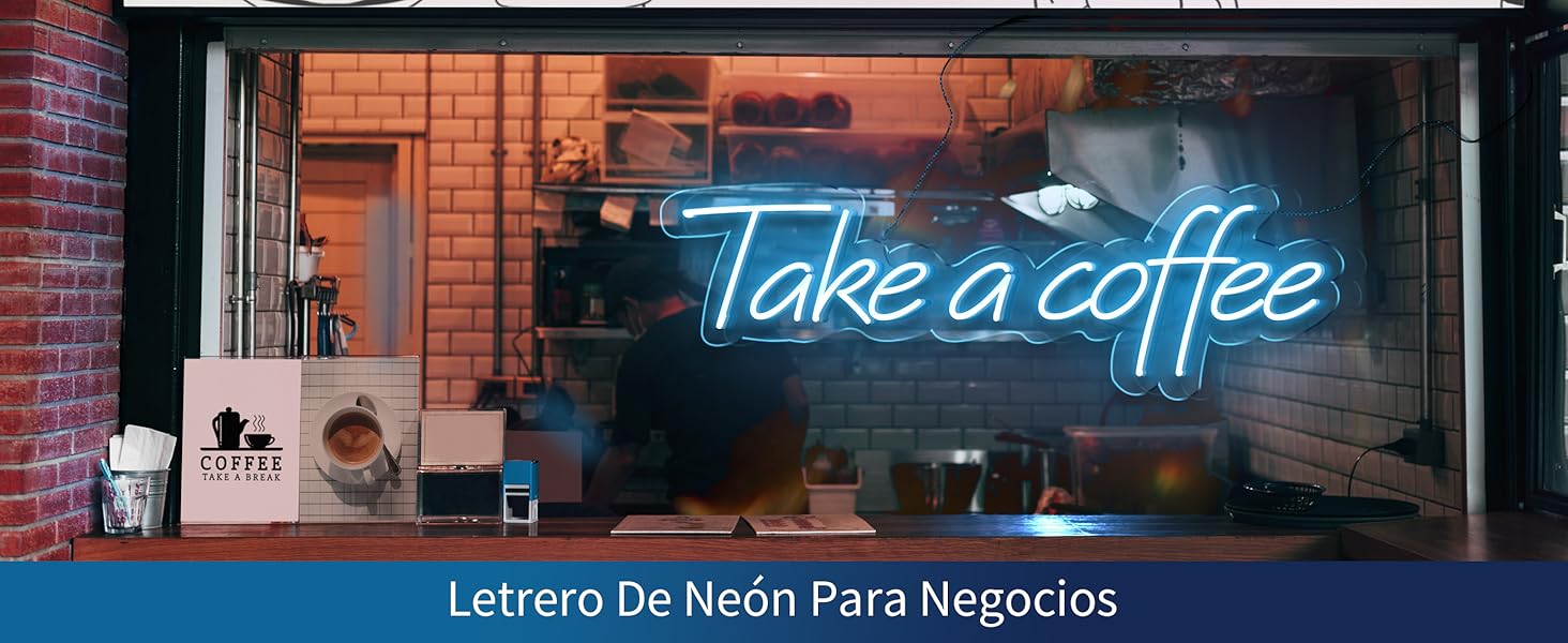 El texto dice «Take a coffee» y «Letrero De Neón Para Negocios». Letrero de neón azul montado en una pared de ladrillo rústico en una cafetería o cafetería.
