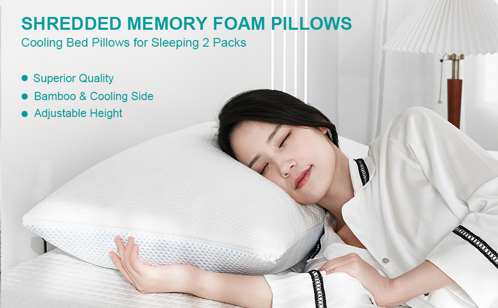 Bravbowerry Cooling Shredded Memory Foam Pillow 2 Packs Cooling Bed