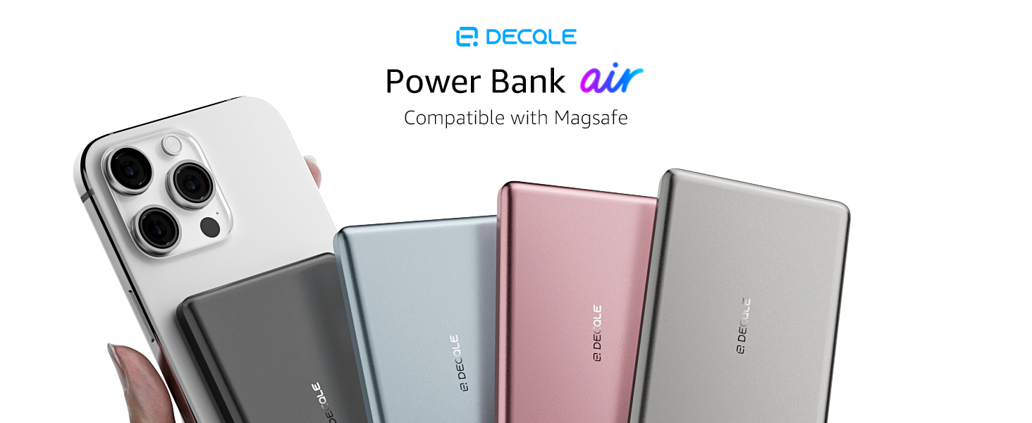 Power bank lineup in various colors: dark grey, light blue, pink, and silver. Slim design with rounded edges, shown next to a smartphone for size comparison.