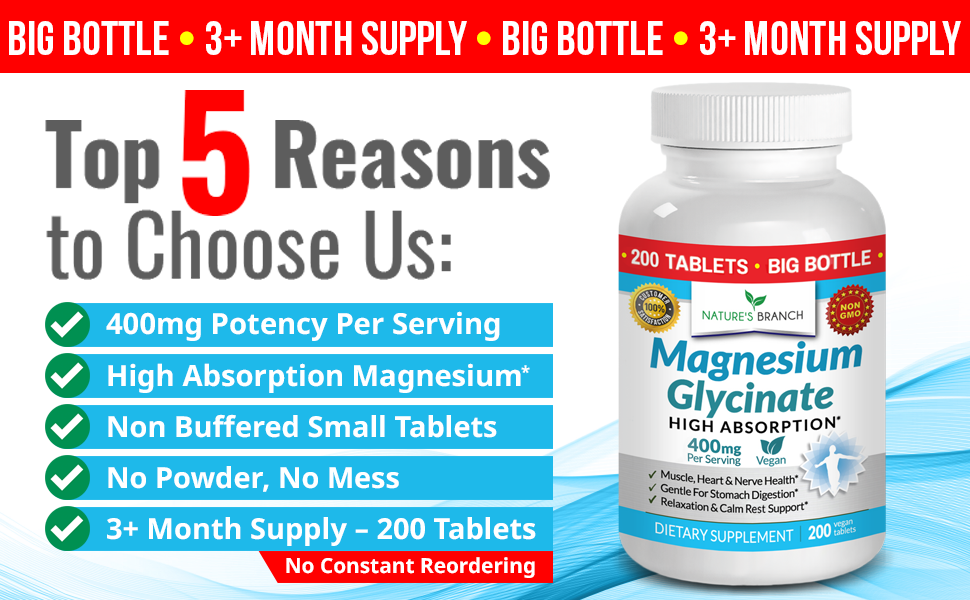 Magnesium glycinate 400 mg supplement high absorption ultra pure no powder capsules 200 tablets
