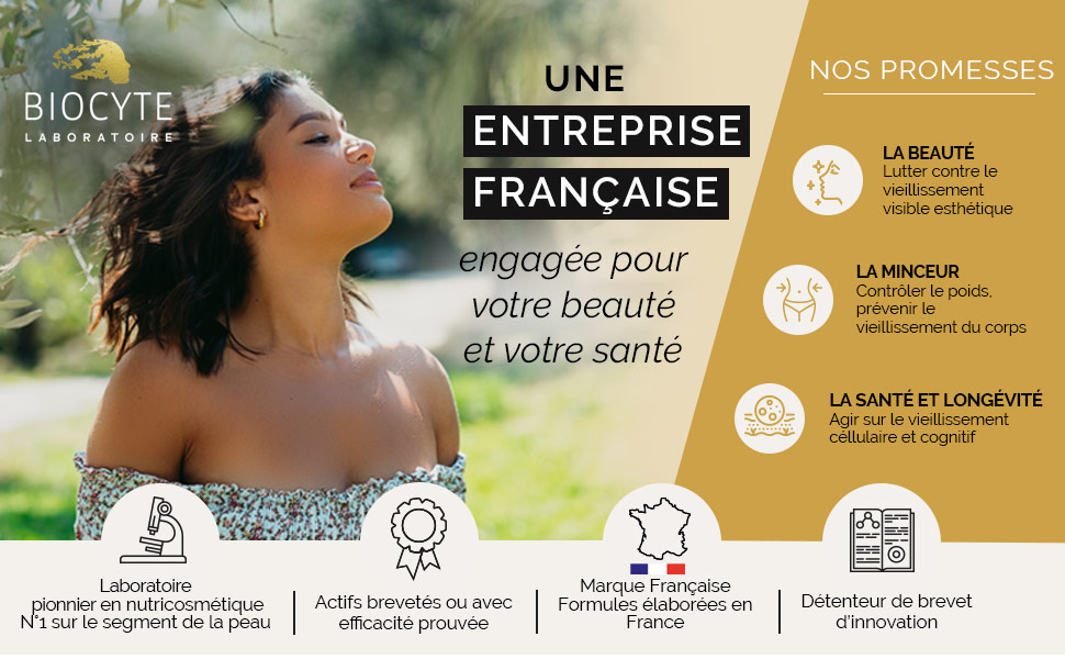 Biocyte mettant en scène une femme en plein air. Le texte français met en avant les valeurs de l'entreprise : beauté, bien-être, santé et longévité.