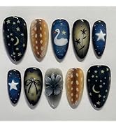 Almond Press on Nails Medium Fake Nails with Designs Flower Stick on Nails Starry Sky False Nails...